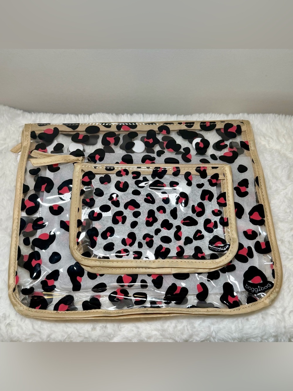 NEW! Bogg Bag Black & Pink Leopard  Print Zippered Inserts | 2 Piece Set | NWT